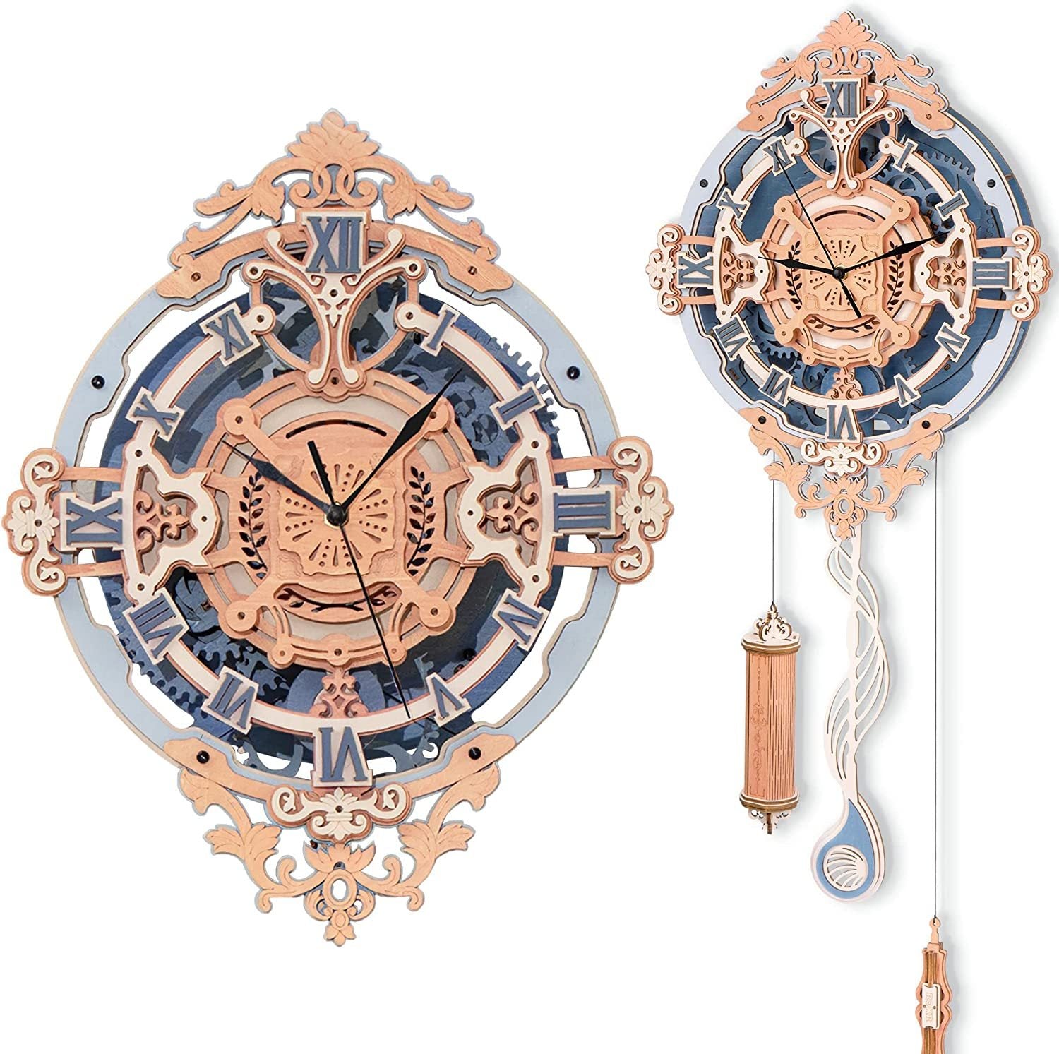 Decorative wall clock with intricate design and pendulum on a white background