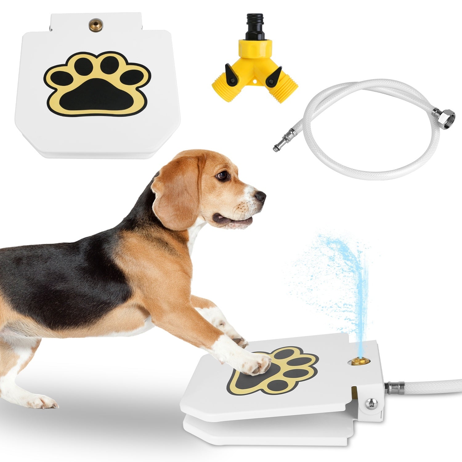 Dog walking on a pet potty trainer with components displayed above.